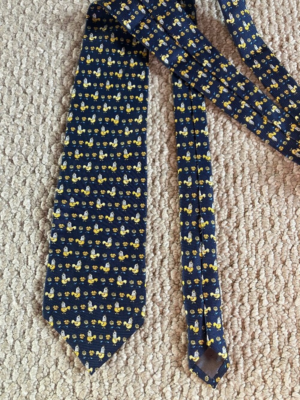 Firenze Tie Navy Yellow Chicken Daisy Poppy 100% Silk Men’s Made in Italy